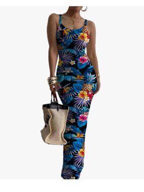 Blue Foral Sleeveless Bodycon Maxi Dress